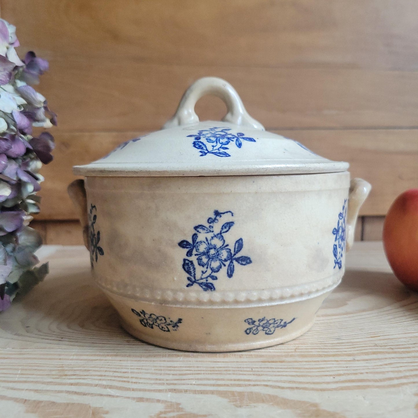 Small Antique St Uze Soupière with Lid, Blue Floral Decoration, rich patina France c.1900