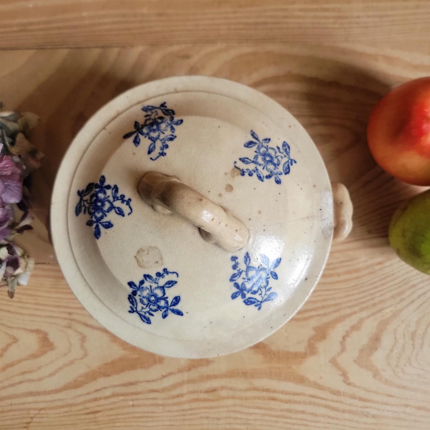 Small Antique St Uze Soupière with Lid, Blue Floral Decoration, rich patina France c.1900