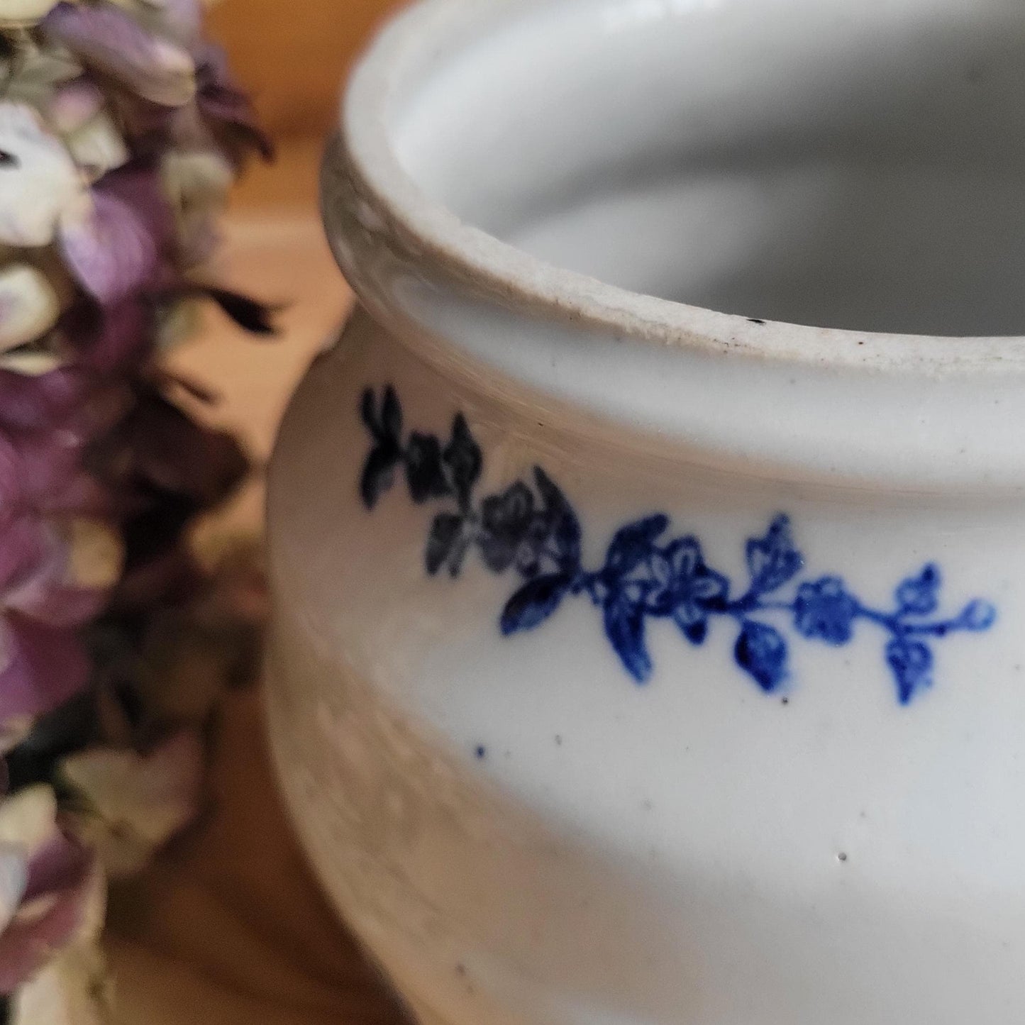 Small Antique St Uze Confit Pot / Cache Pot, Blue Floral Stoneware, France c.1920