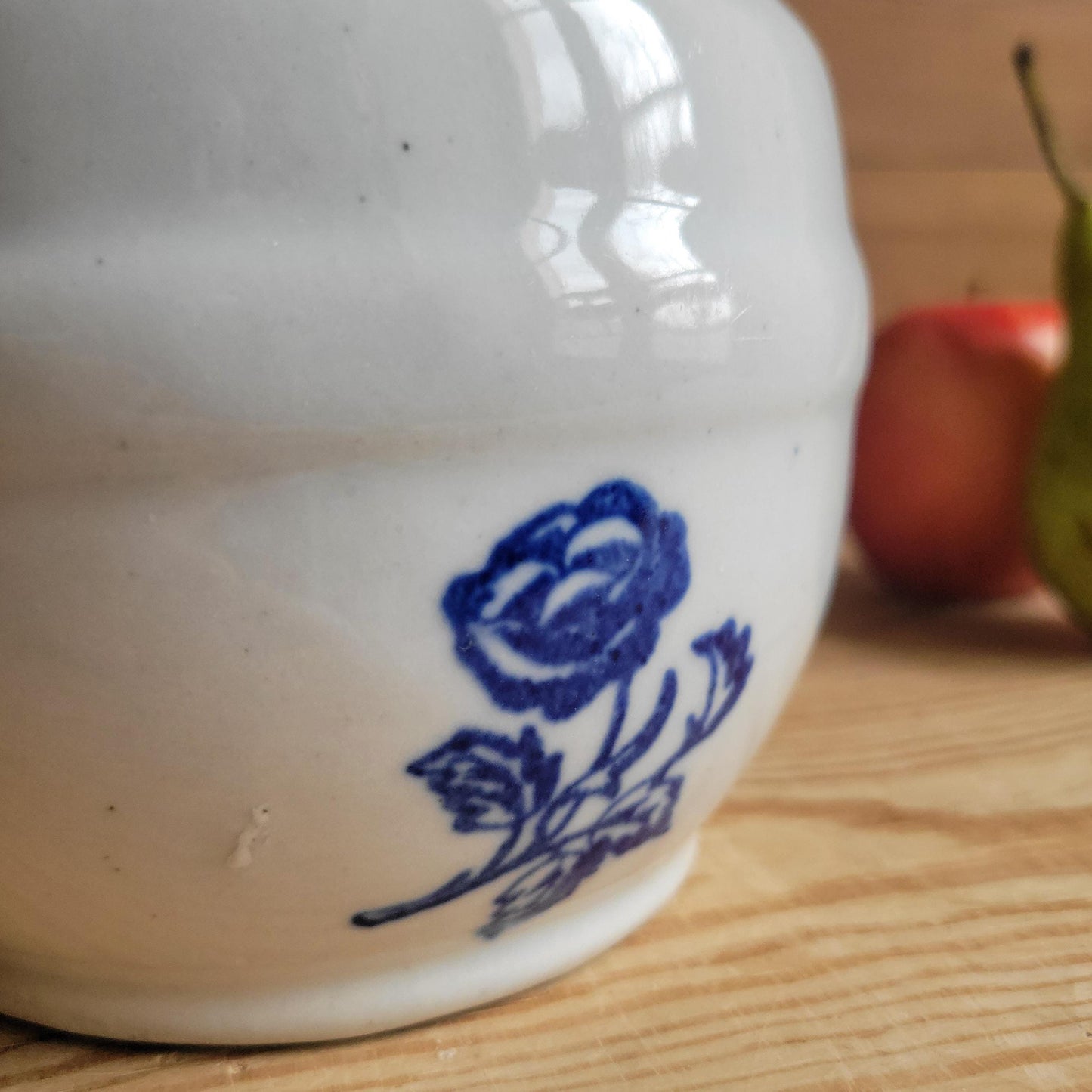 Small Antique St Uze Confit Pot / Cache Pot, Blue Floral Stoneware, France c.1920