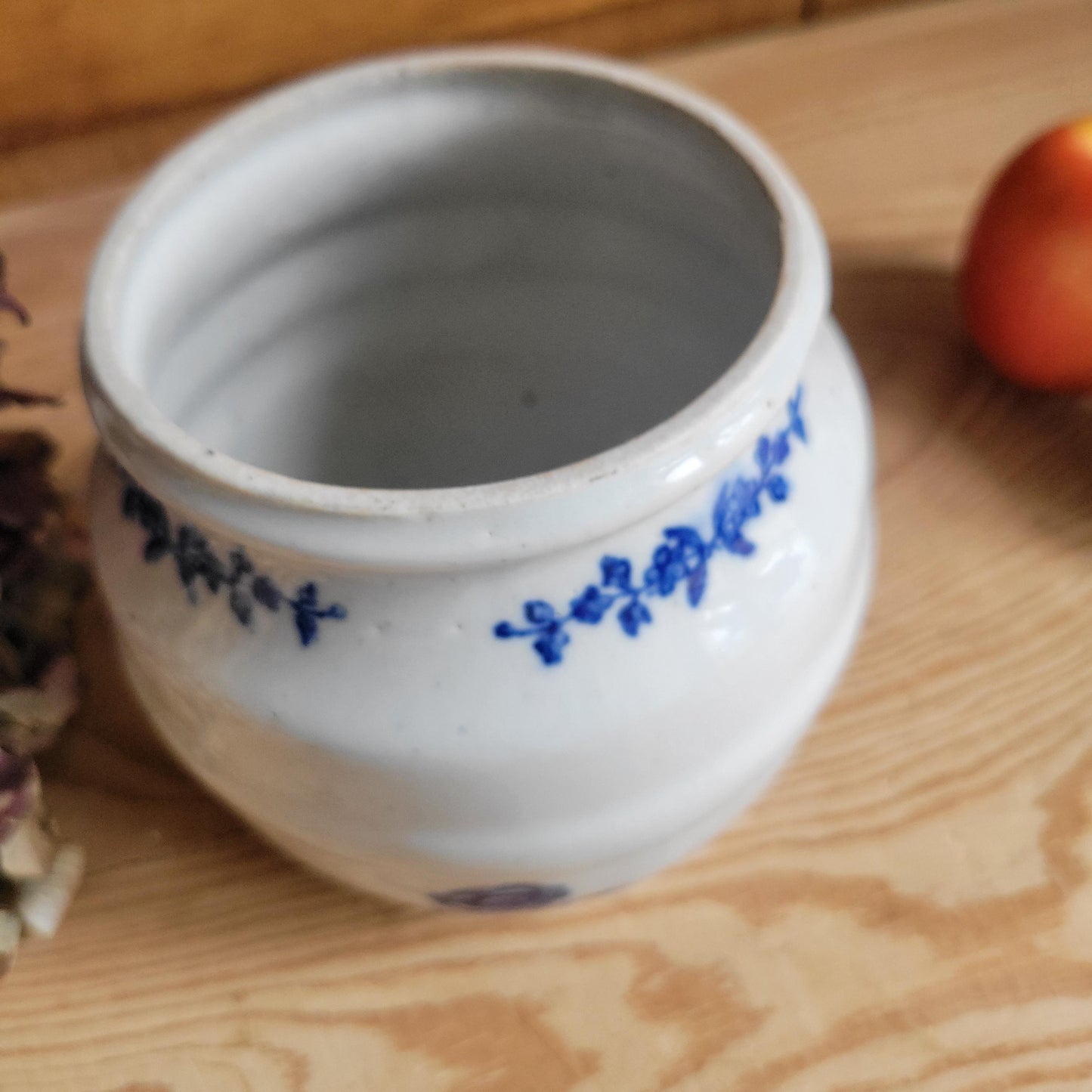 Small Antique St Uze Confit Pot / Cache Pot, Blue Floral Stoneware, France c.1920