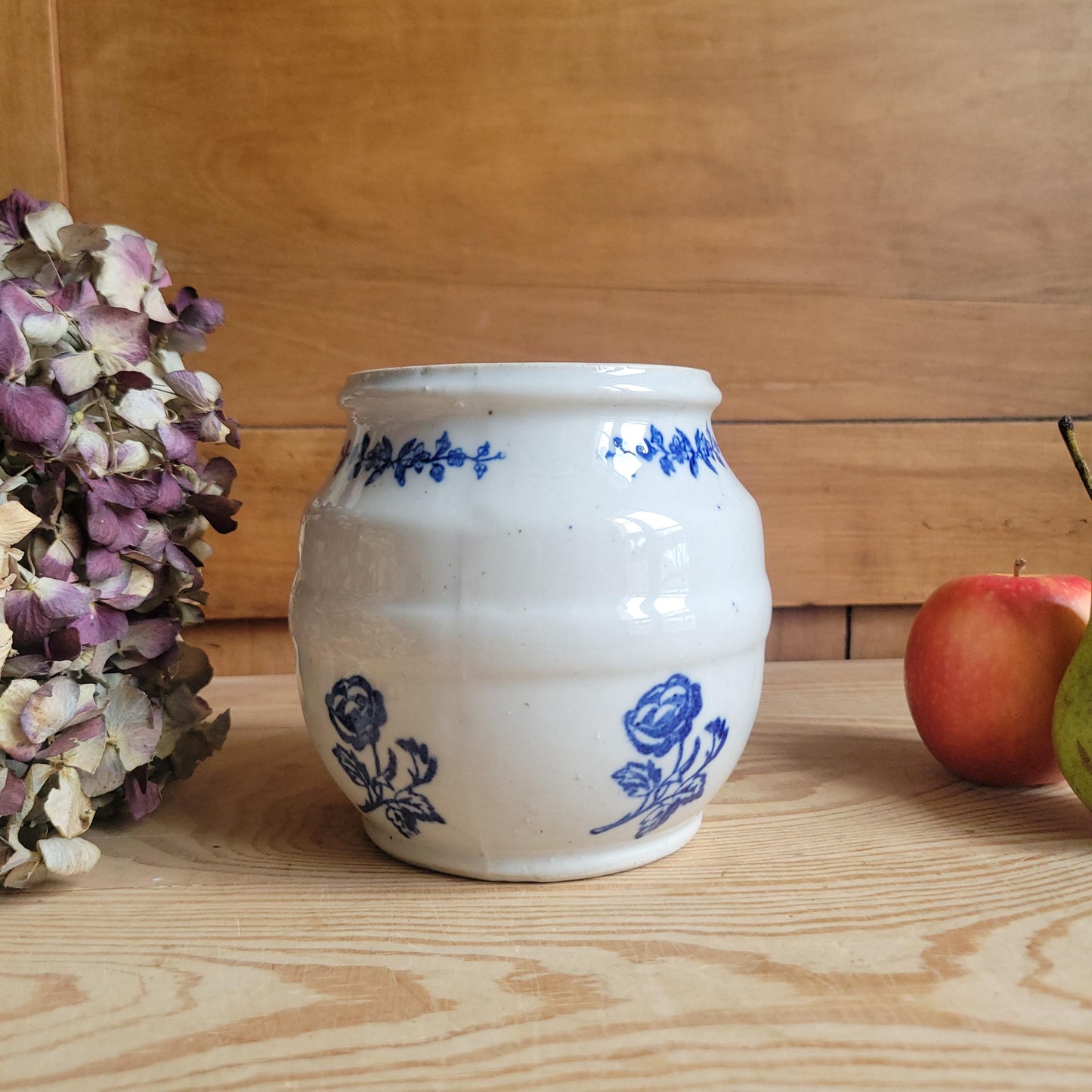 Small Antique St Uze Confit Pot / Cache Pot, Blue Floral Stoneware, France c.1920