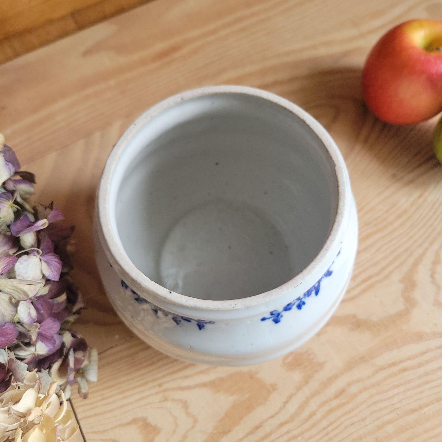 Small Antique St Uze Confit Pot / Cache Pot, Blue Floral Stoneware, France c.1920