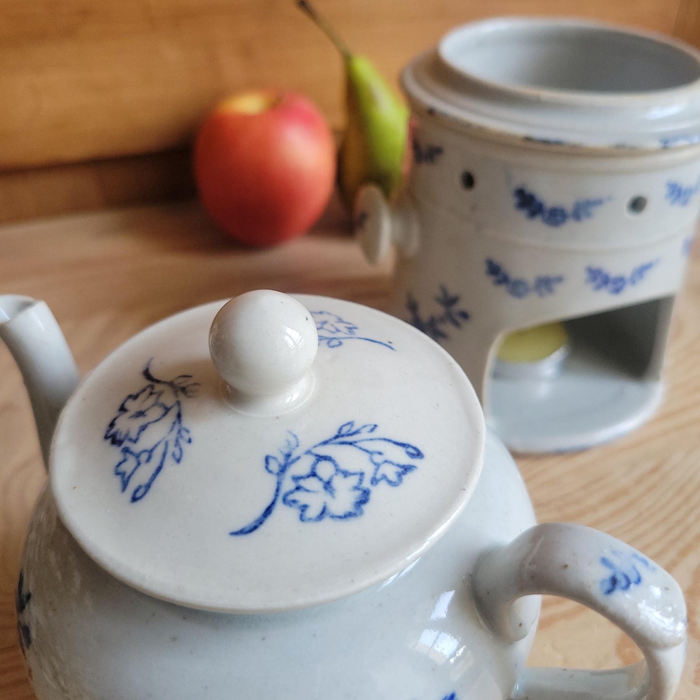 Rare Antique St Uze Théière Chauffante / Tea Warmer Set, Blue Floral Stoneware, France c.1890