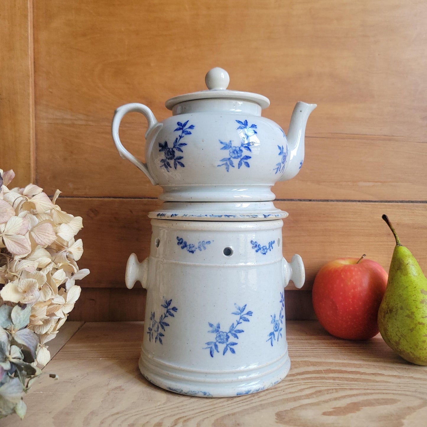 Rare Antique St Uze Théière Chauffante / Tea Warmer Set, Blue Floral Stoneware, France c.1890