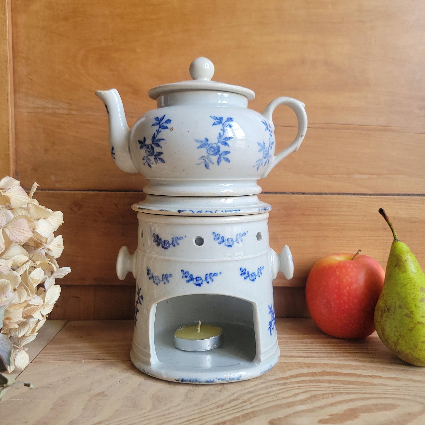 Rare Antique St Uze Théière Chauffante / Tea Warmer Set, Blue Floral Stoneware, France c.1890