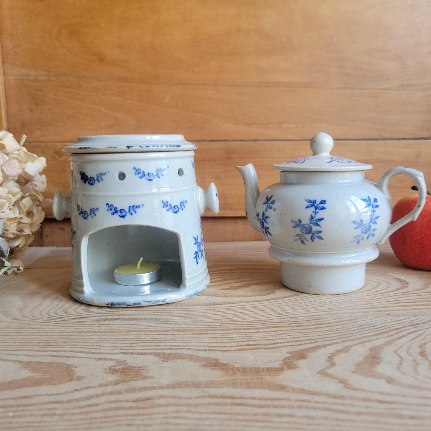 Rare Antique St Uze Théière Chauffante / Tea Warmer Set, Blue Floral Stoneware, France c.1890