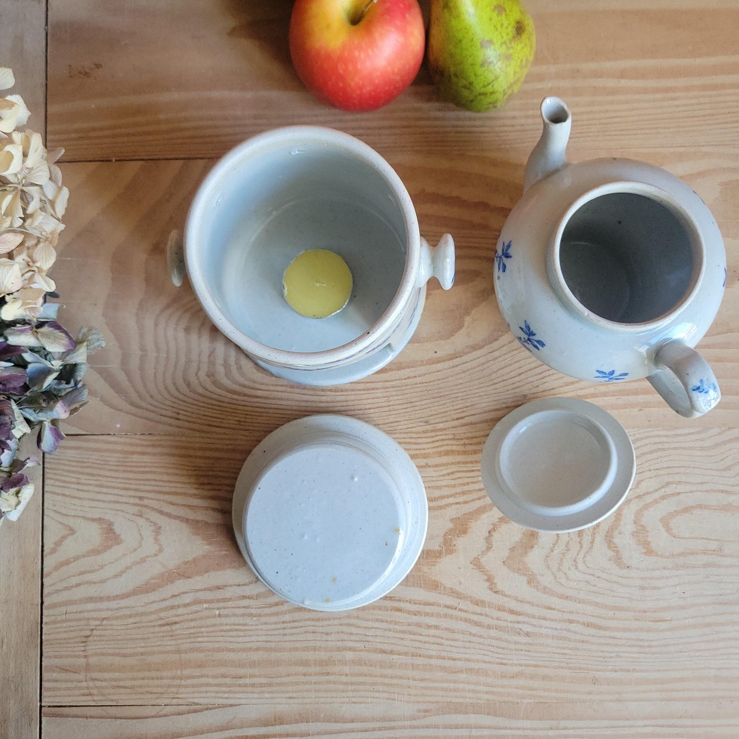 Rare Antique St Uze Théière Chauffante / Tea Warmer Set, Blue Floral Stoneware, France c.1890