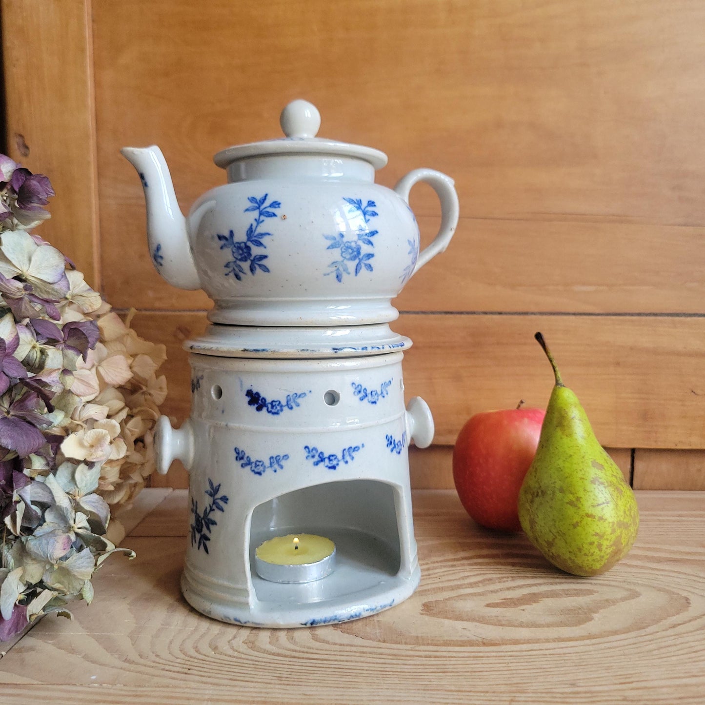 Rare Antique St Uze Théière Chauffante / Tea Warmer Set, Blue Floral Stoneware, France c.1890