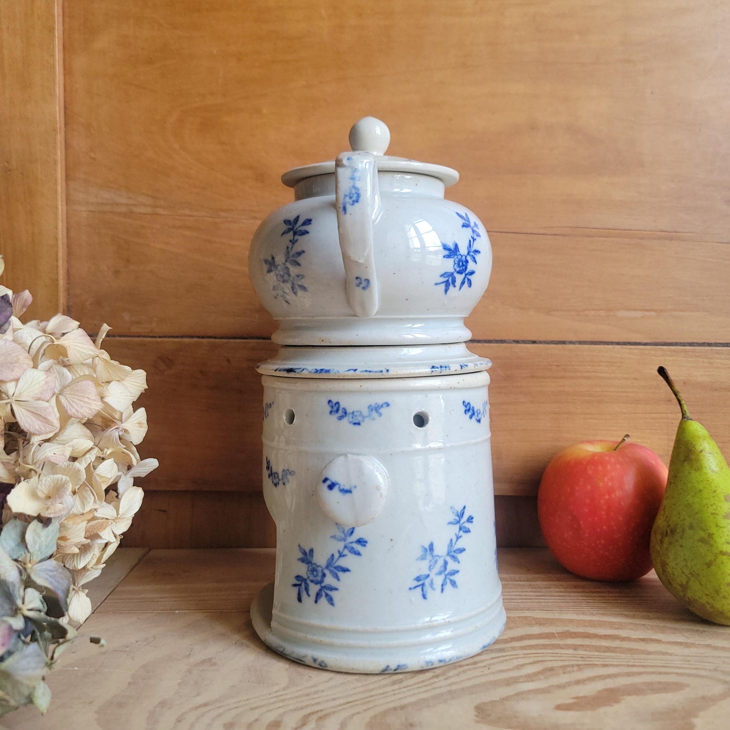 Rare Antique St Uze Théière Chauffante / Tea Warmer Set, Blue Floral Stoneware, France c.1890