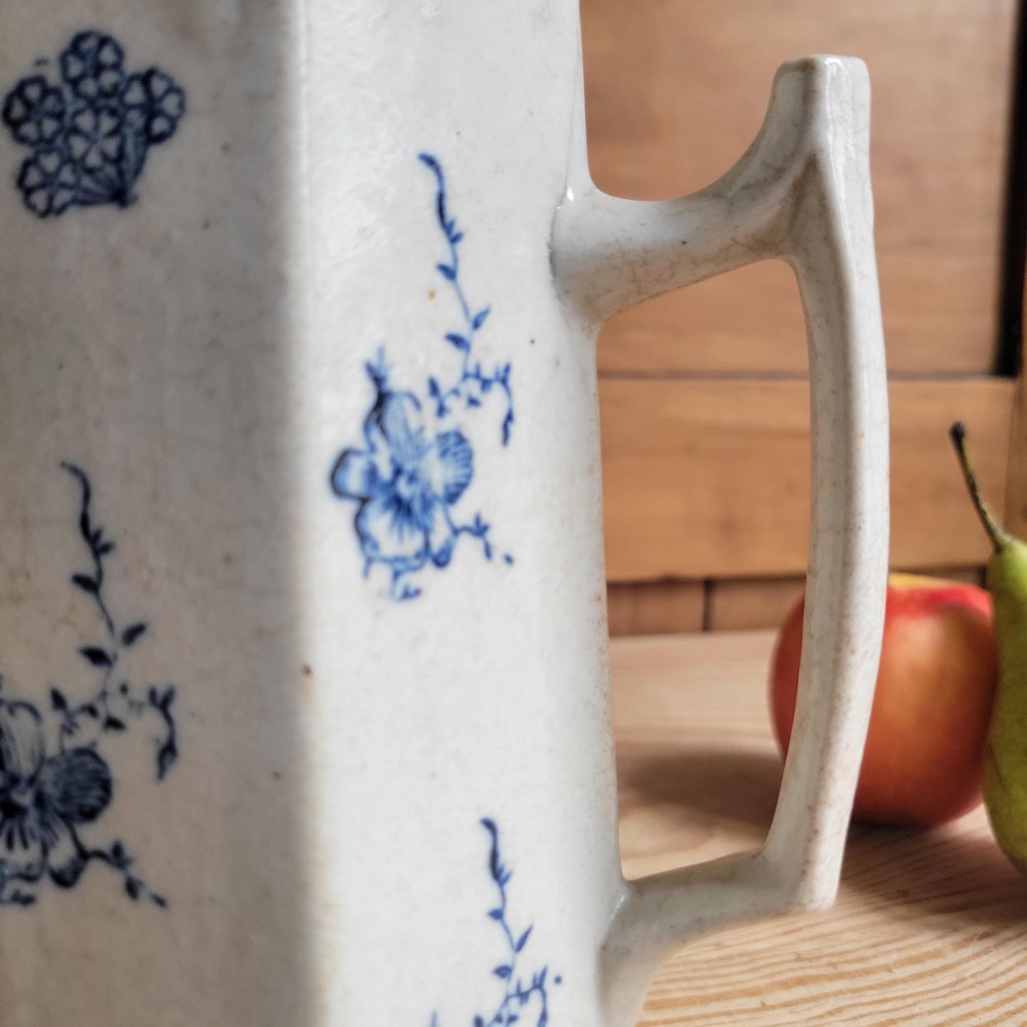 Antique Hexagonal St Uze Jug with Blue Floral Decoration, France c.1910