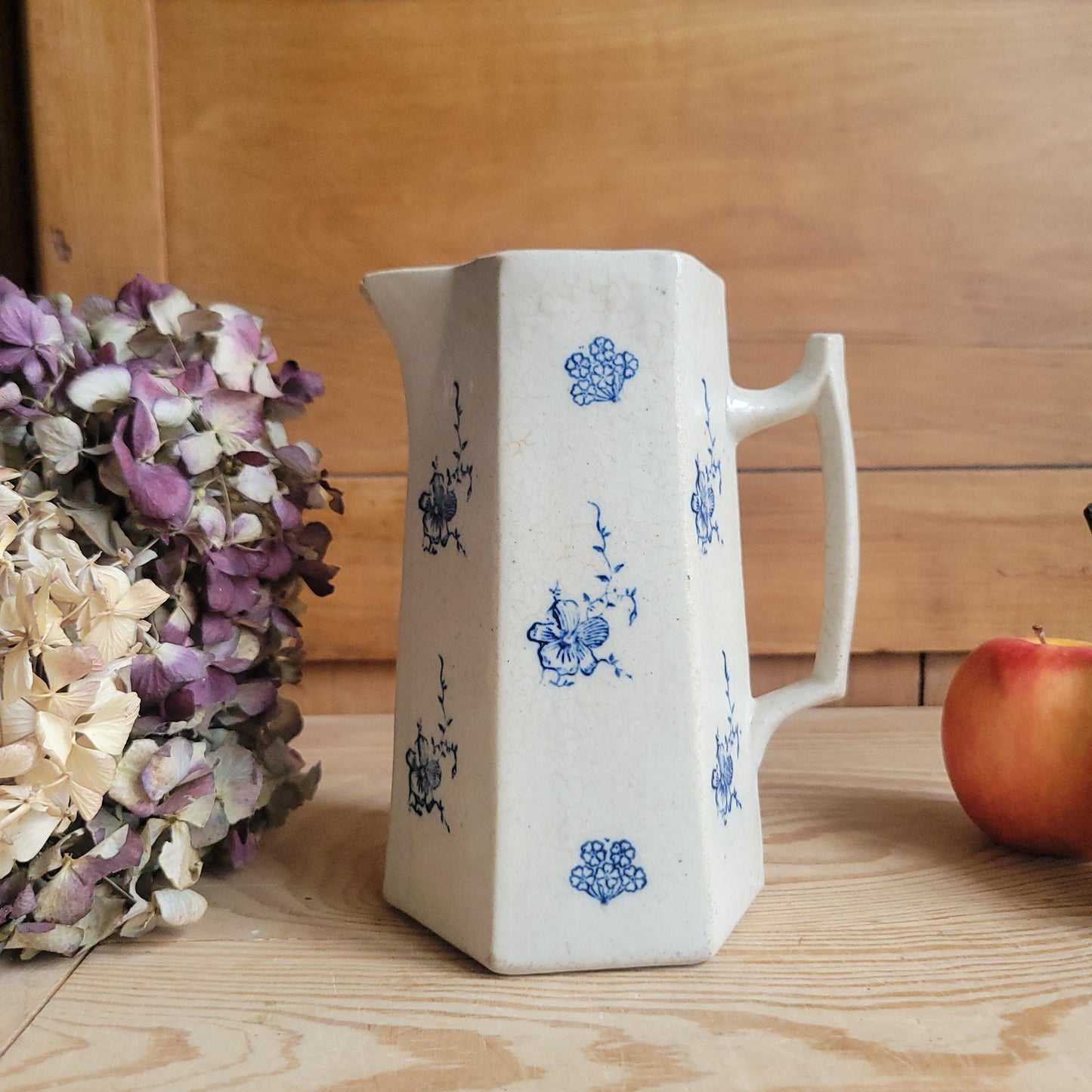 Antique Hexagonal St Uze Jug with Blue Floral Decoration, France c.1910