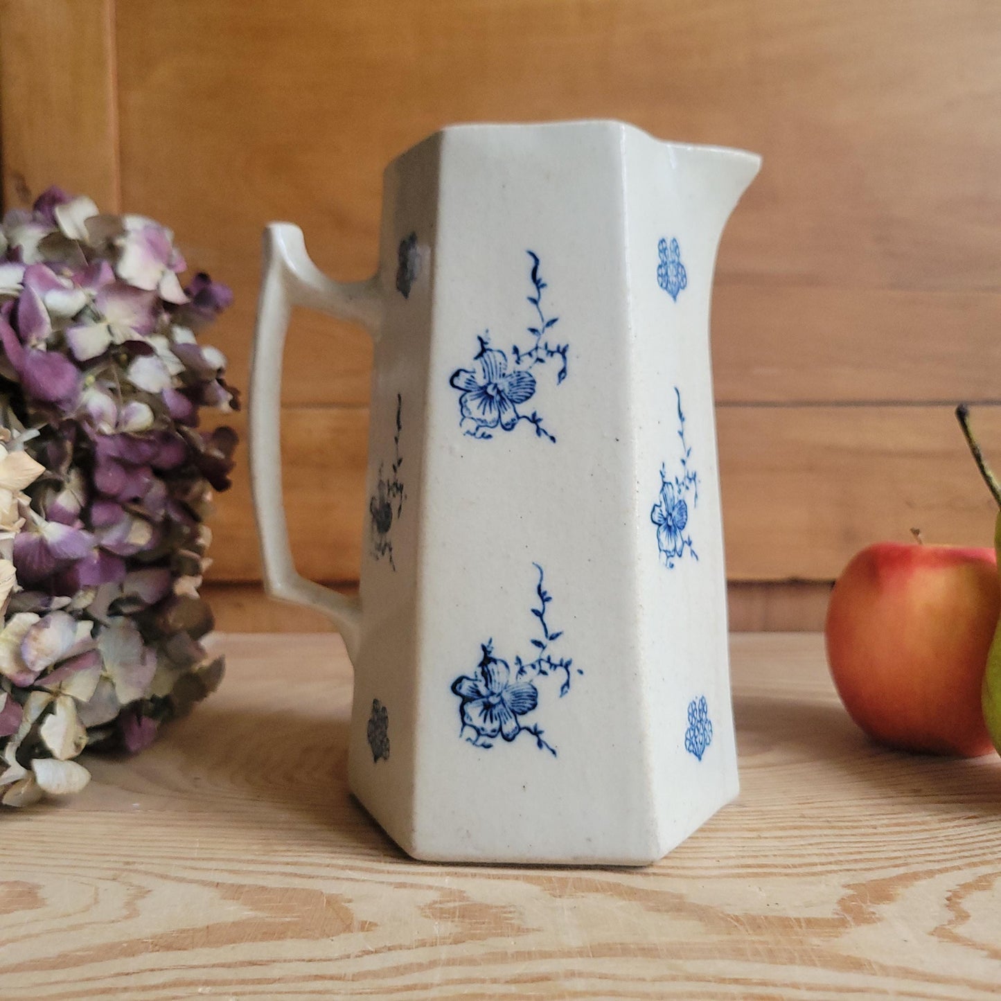 Antique Hexagonal St Uze Jug with Blue Floral Decoration, France c.1910