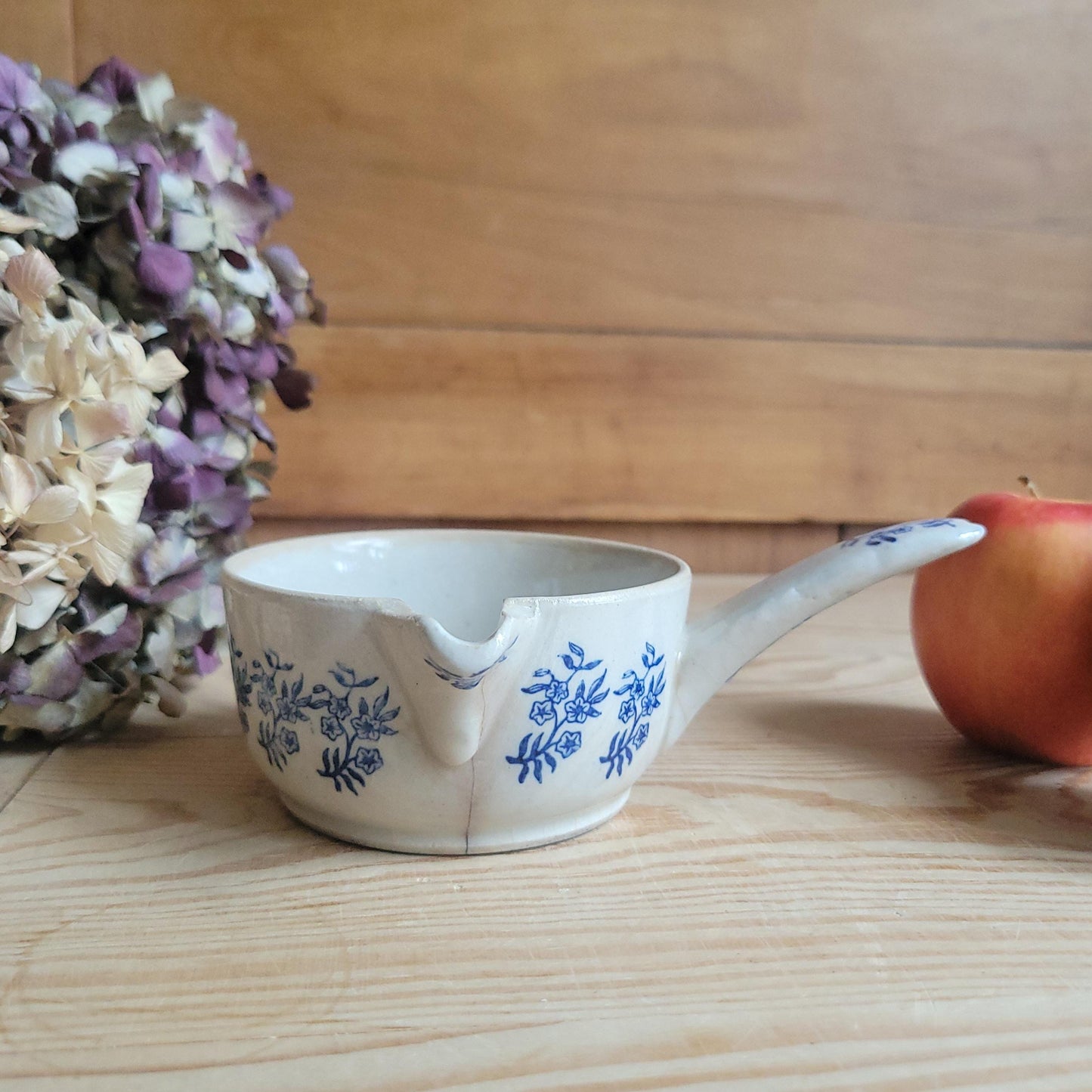 Antique St Uze Stoneware Small Saucepan with Offset Handle, Blue Floral Decoration, France c.1900