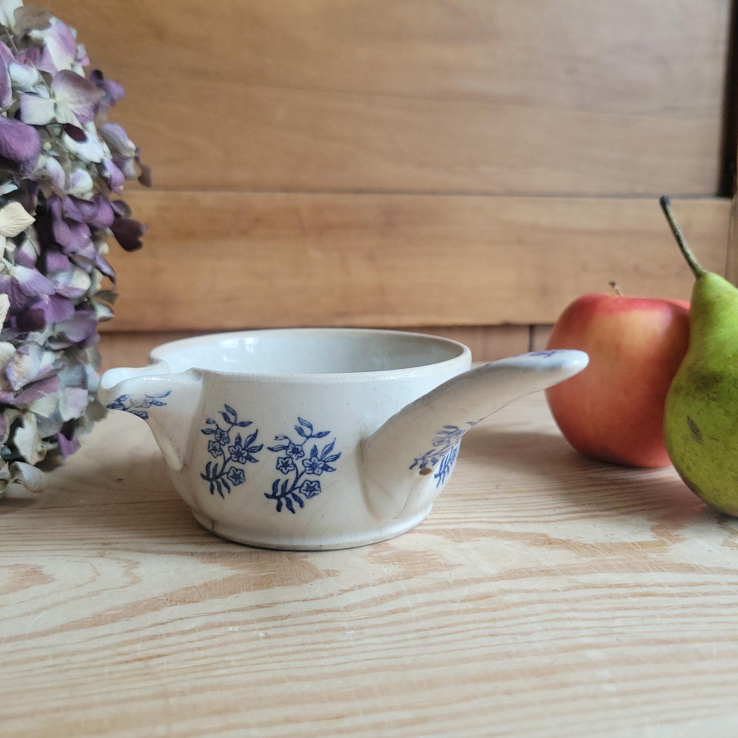 Antique St Uze Stoneware Small Saucepan with Offset Handle, Blue Floral Decoration, France c.1900