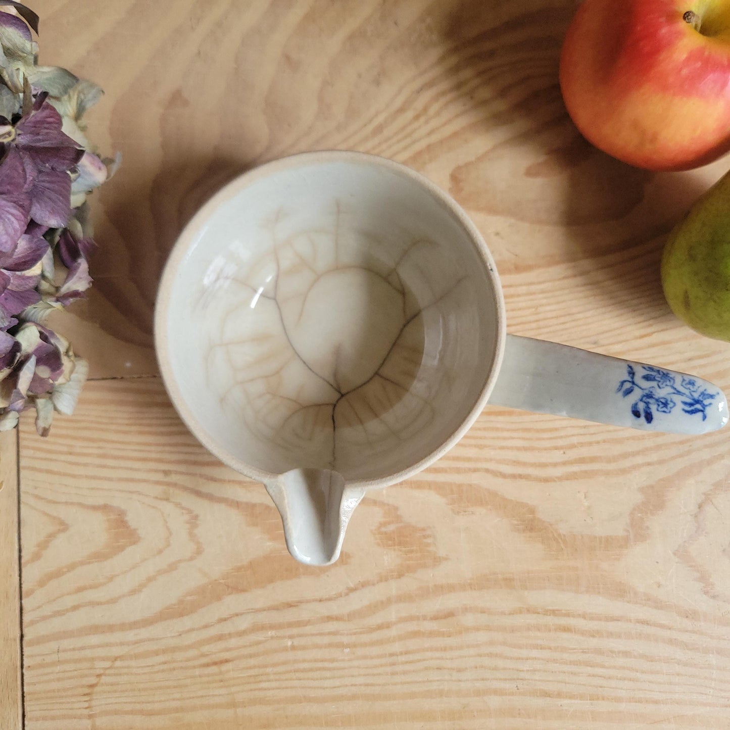 Antique St Uze Stoneware Small Saucepan with Offset Handle, Blue Floral Decoration, France c.1900