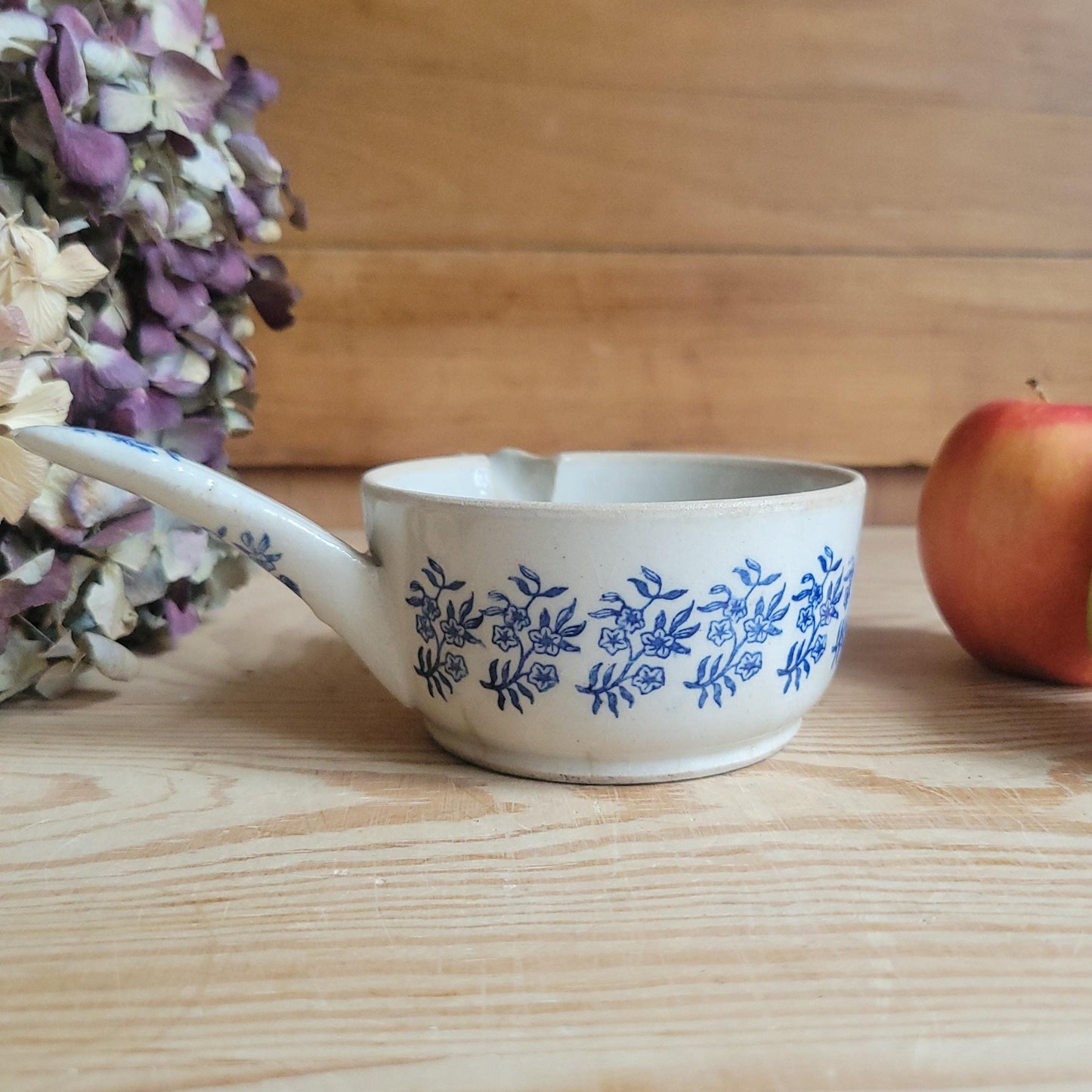 Antique St Uze Stoneware Small Saucepan with Offset Handle, Blue Floral Decoration, France c.1900