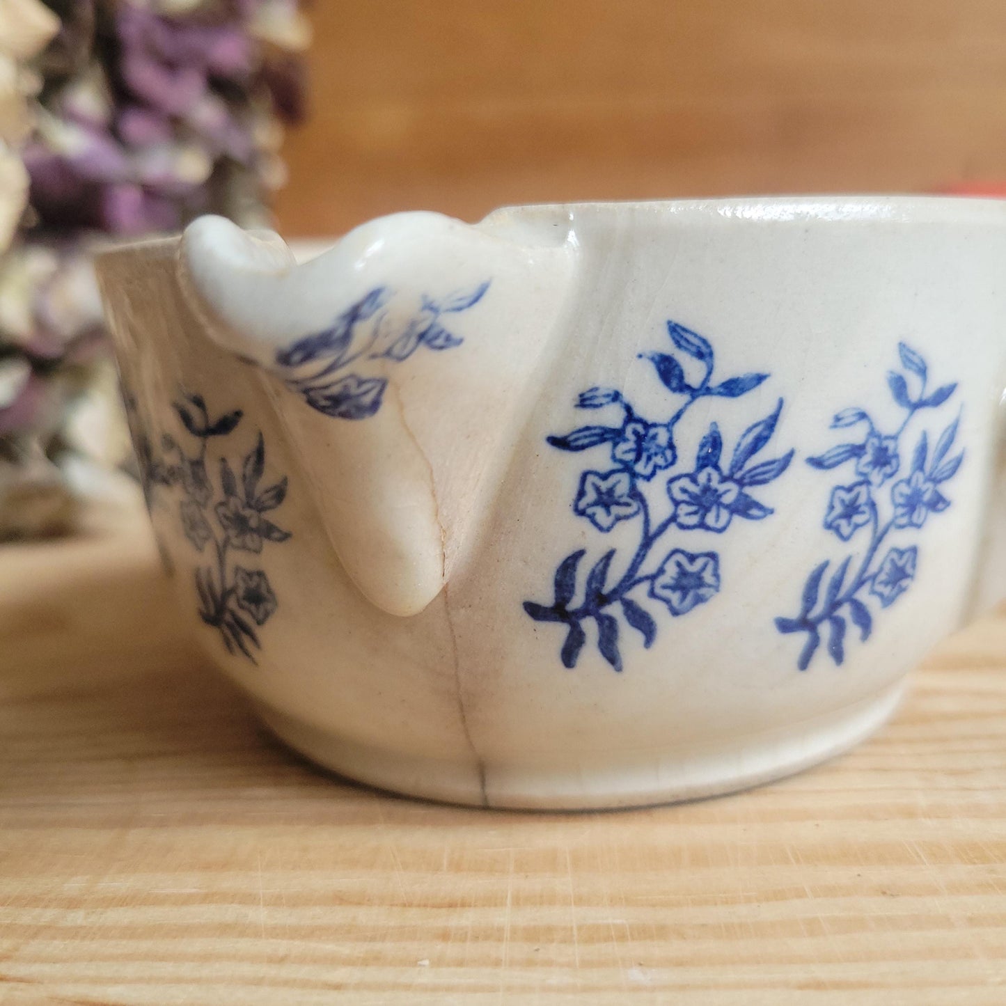 Antique St Uze Stoneware Small Saucepan with Offset Handle, Blue Floral Decoration, France c.1900