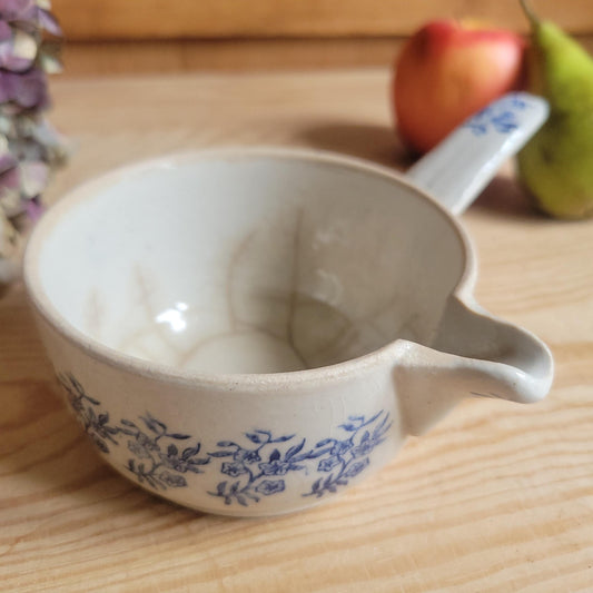Antique St Uze Stoneware Small Saucepan with Offset Handle, Blue Floral Decoration, France c.1900