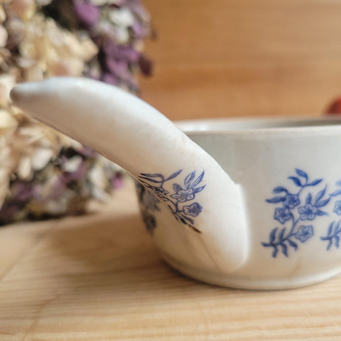 Antique St Uze Stoneware Small Saucepan with Offset Handle, Blue Floral Decoration, France c.1900