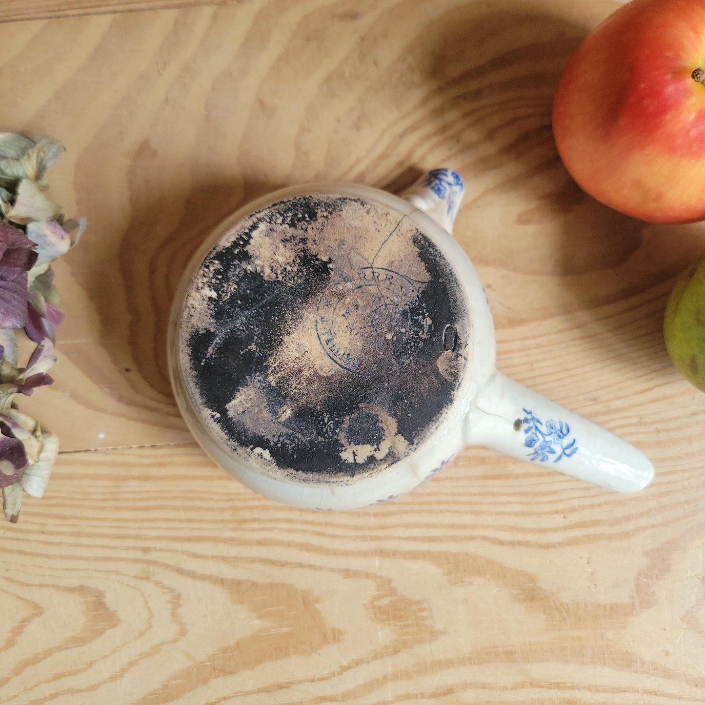 Antique St Uze Stoneware Small Saucepan with Offset Handle, Blue Floral Decoration, France c.1900