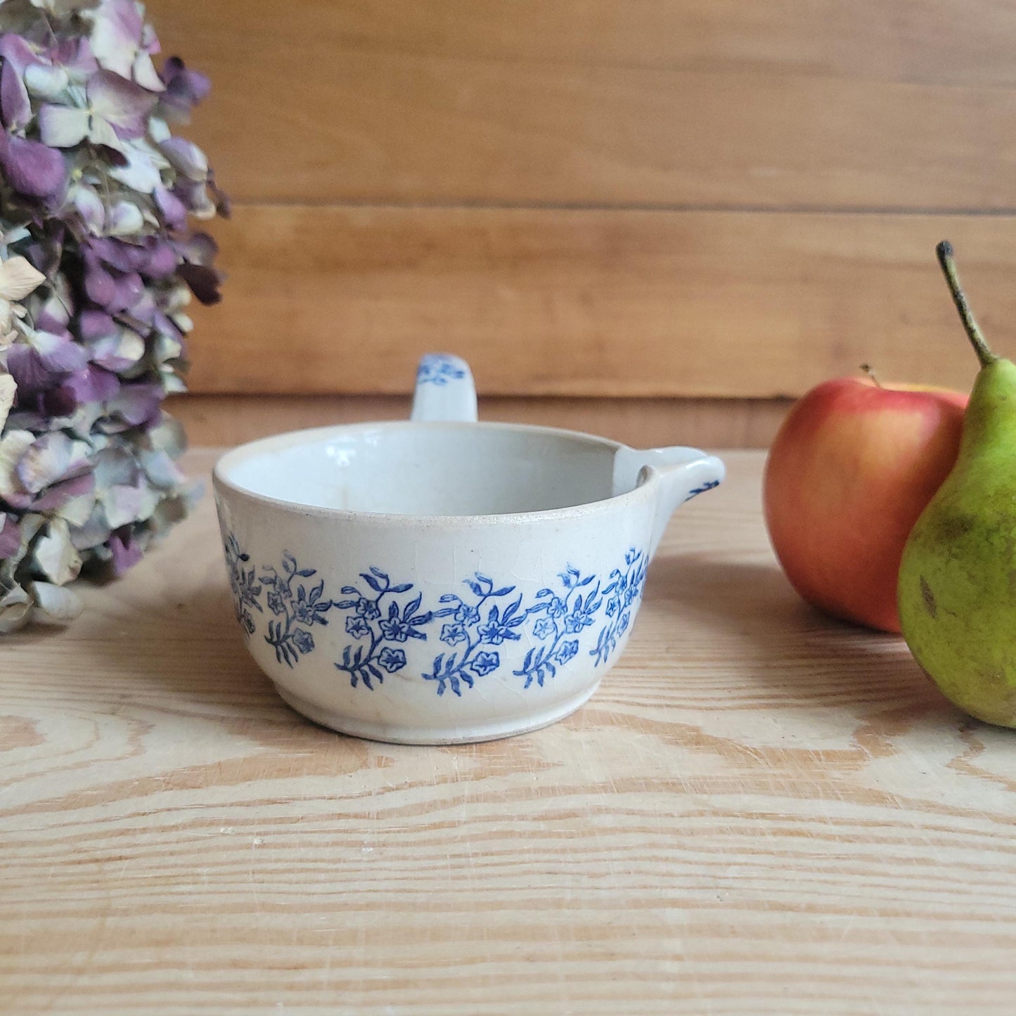 Antique St Uze Stoneware Small Saucepan with Offset Handle, Blue Floral Decoration, France c.1900