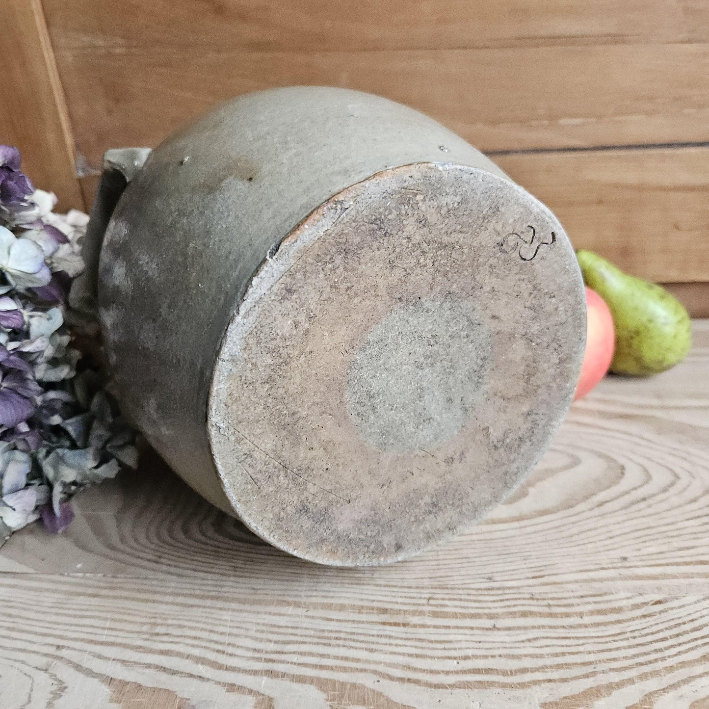 Antique French Confit Pot - Glazed attached-handled vintage stoneware, greige, early 1900s