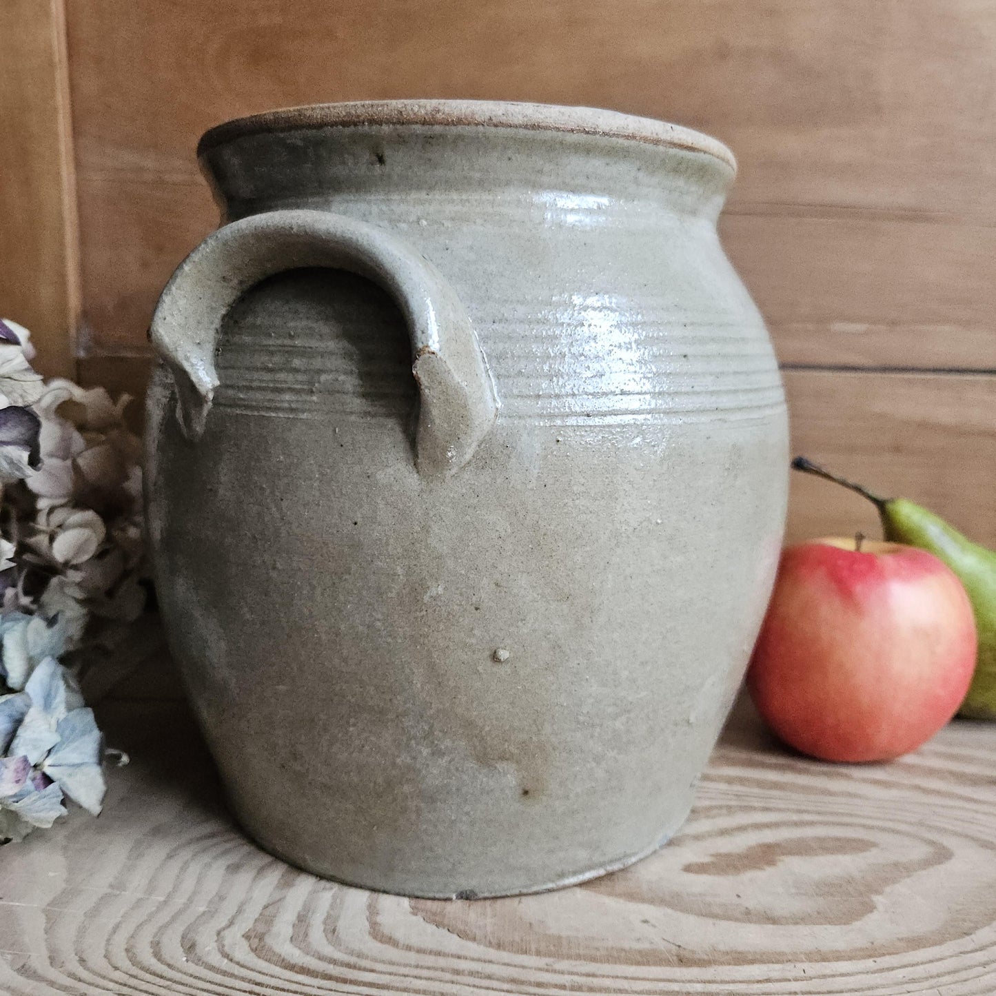 Antique French Confit Pot - Glazed attached-handled vintage stoneware, greige, early 1900s