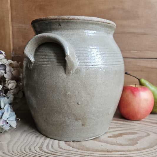 Antique French Confit Pot - Glazed attached-handled vintage stoneware, greige, early 1900s