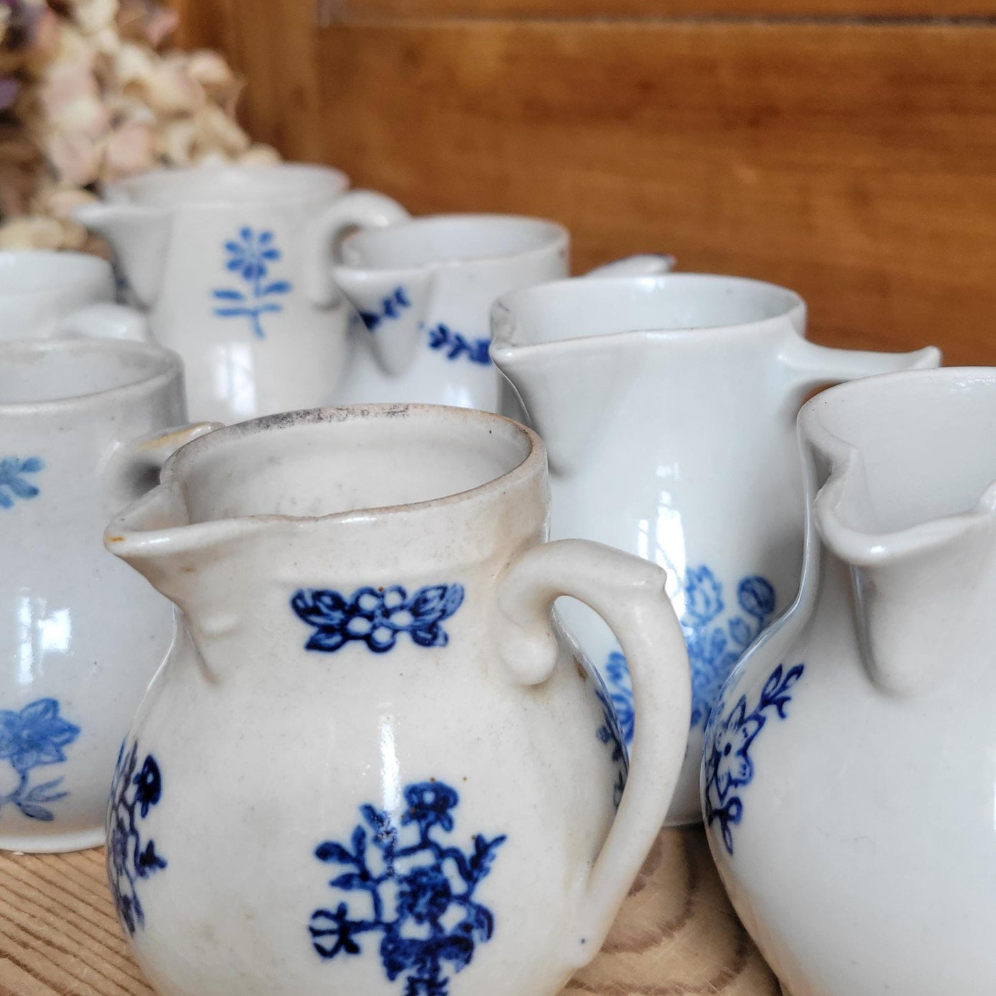 Small Antique St Uze Pitchers / Creamers, Blue Floral Decoration, France c.1900 — Sold Individually
