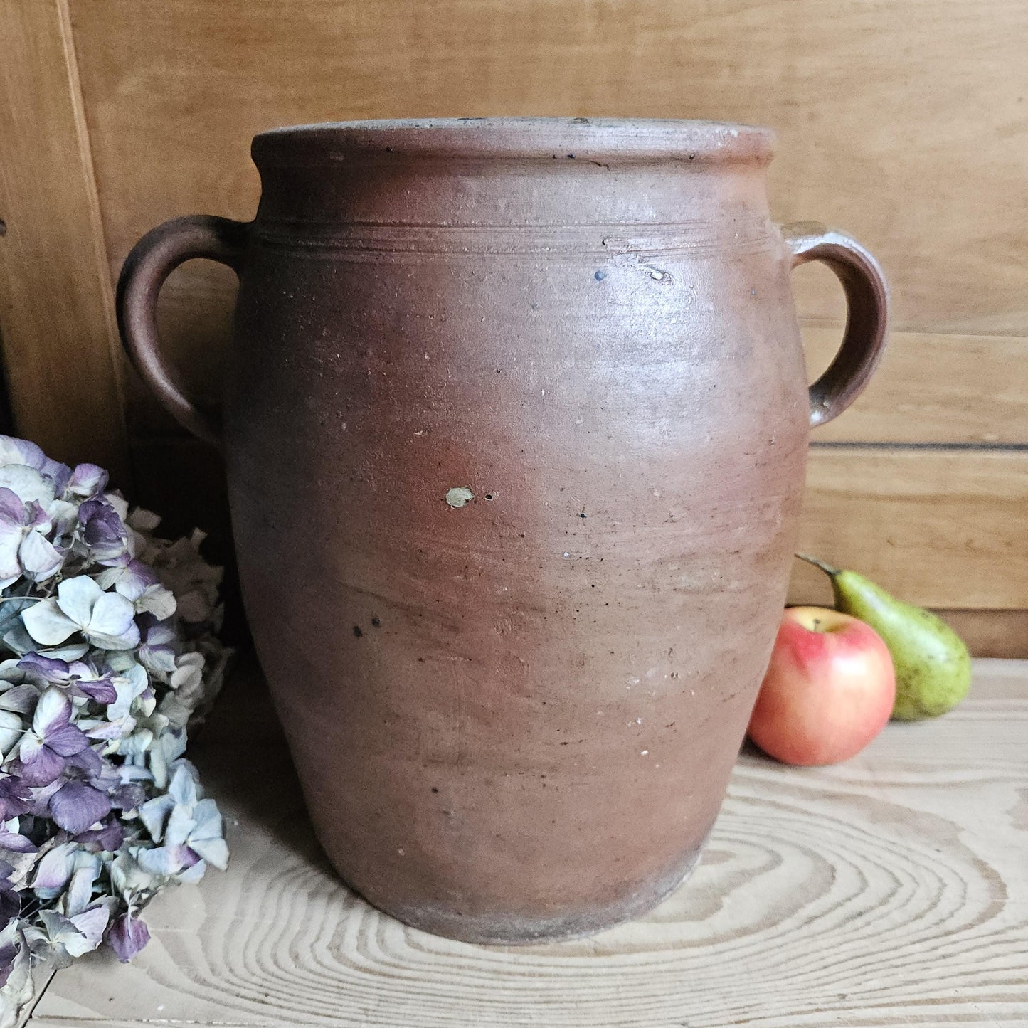 Large antique French Confit Pot - rich matt drip glazed stoneware, russet brown c1900