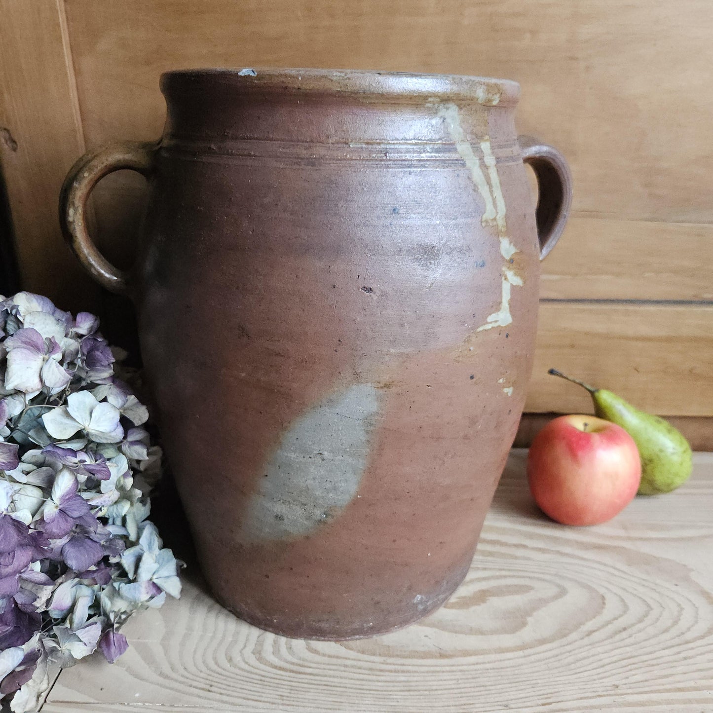 Large antique French Confit Pot - rich matt drip glazed stoneware, russet brown c1900