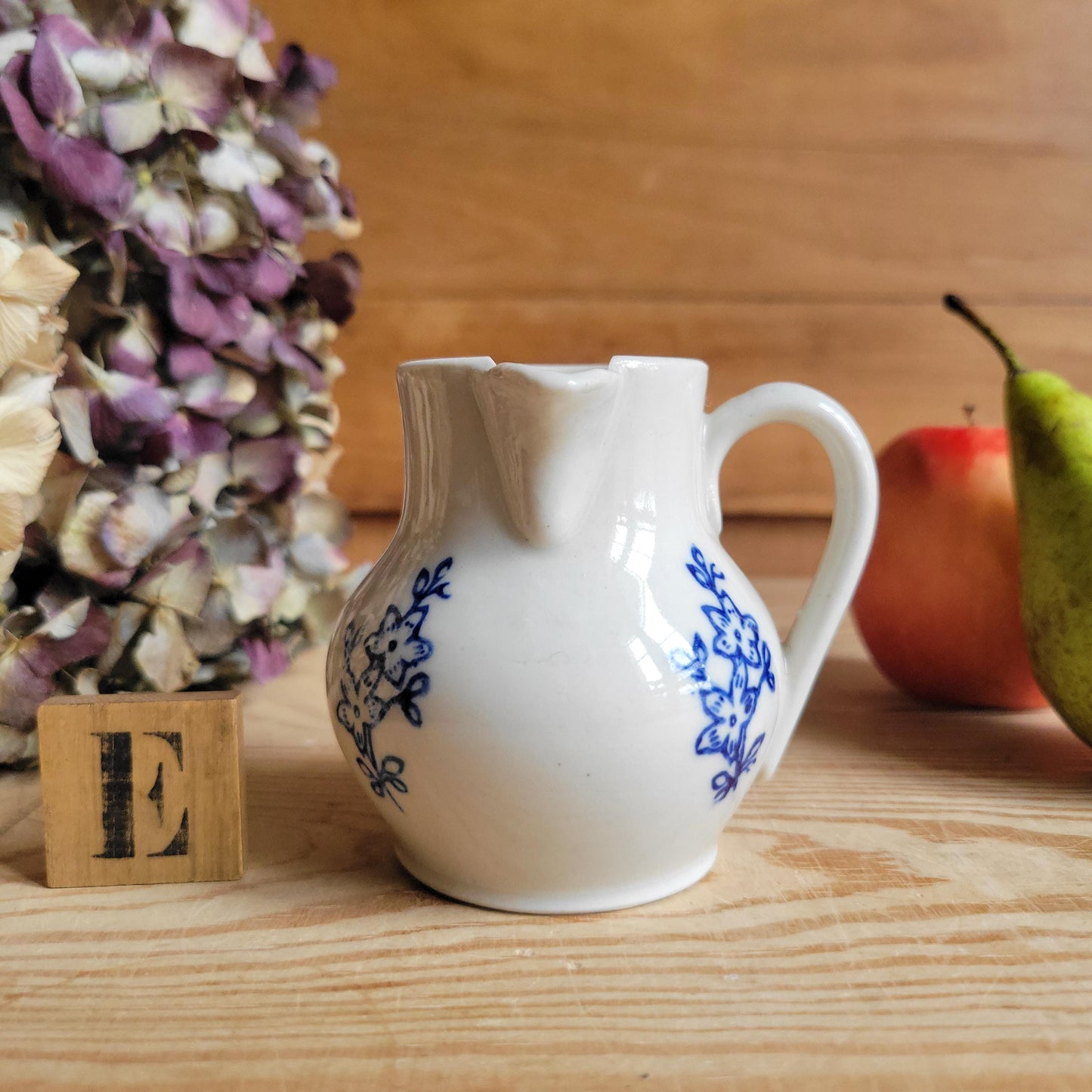 Small Antique St Uze Pitchers / Creamers, Blue Floral Decoration, France c.1900 — Sold Individually
