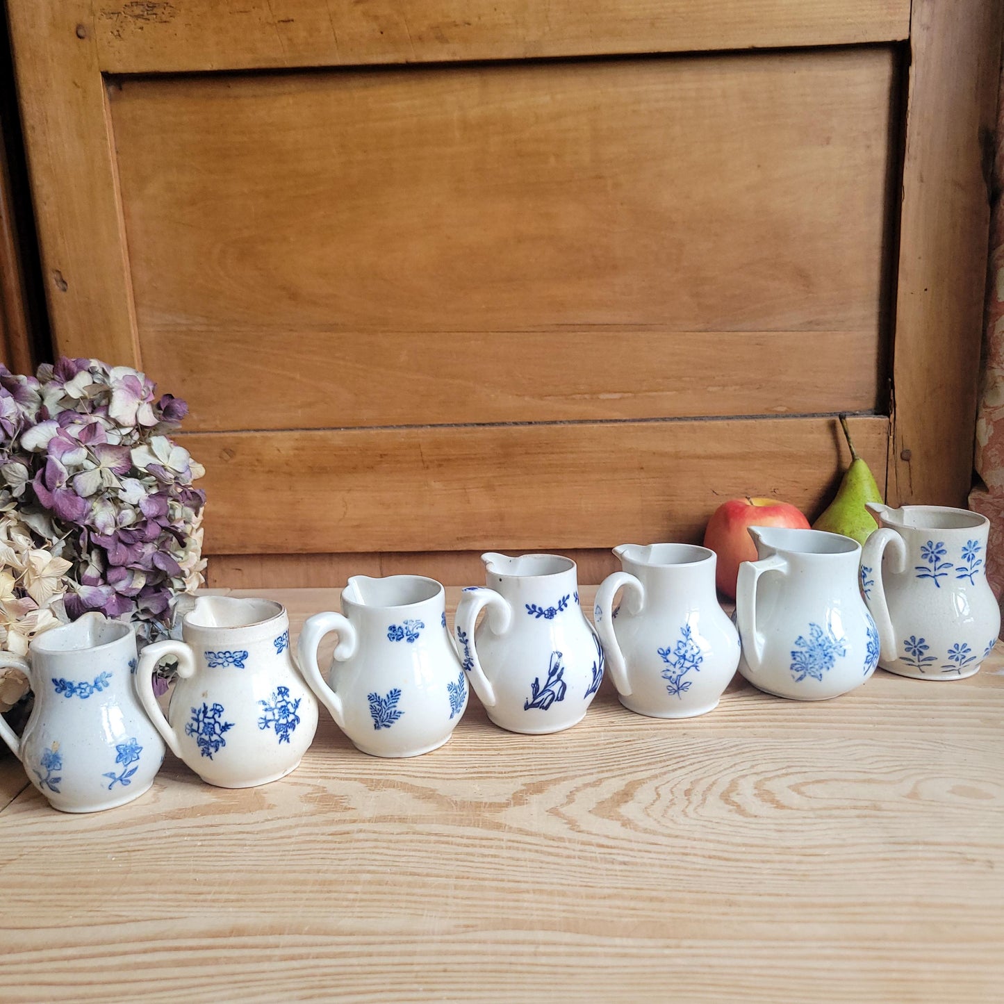 Small Antique St Uze Pitchers / Creamers, Blue Floral Decoration, France c.1900 — Sold Individually