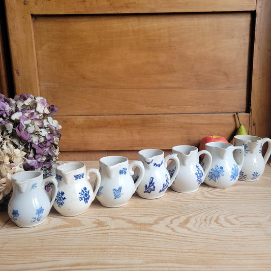 Small Antique St Uze Pitchers / Creamers, Blue Floral Decoration, France c.1900 — Sold Individually