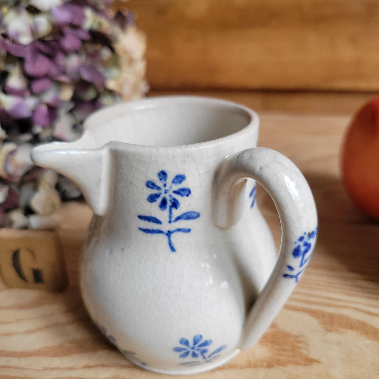 Small Antique St Uze Pitchers / Creamers, Blue Floral Decoration, France c.1900 — Sold Individually