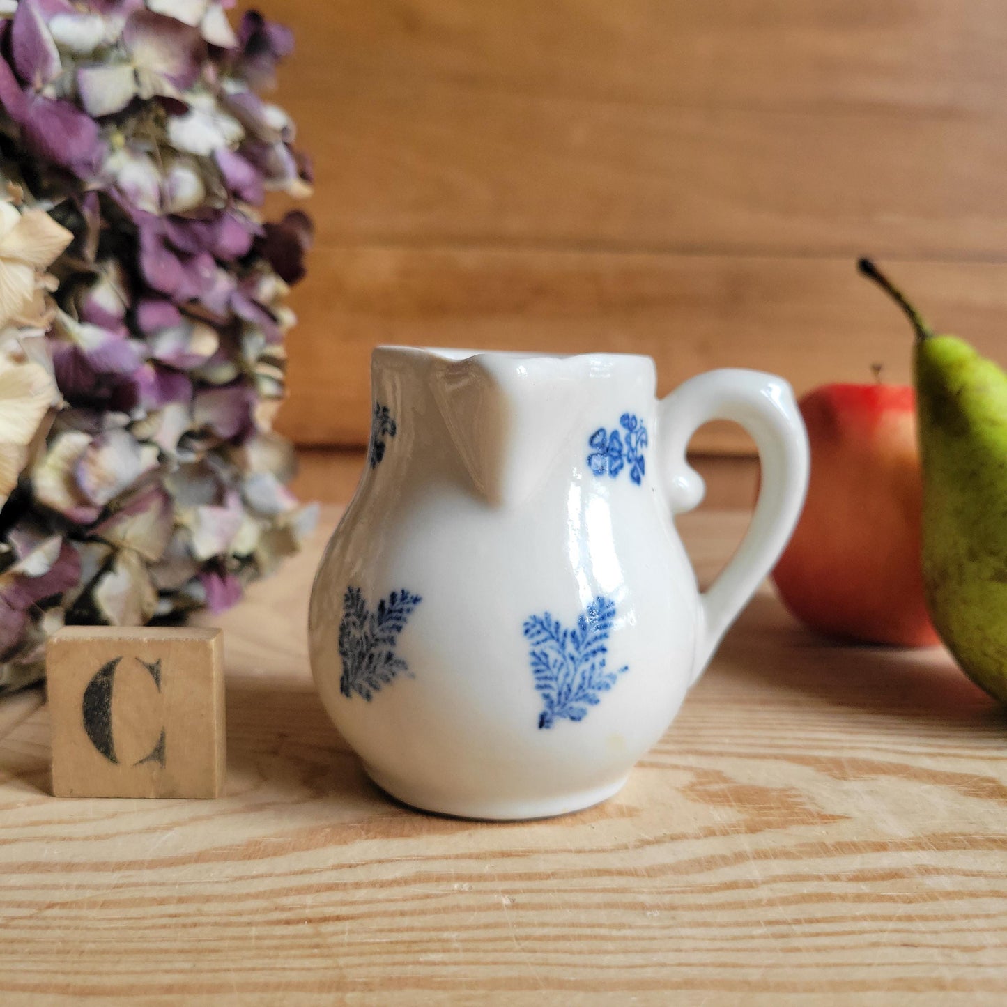 Small Antique St Uze Pitchers / Creamers, Blue Floral Decoration, France c.1900 — Sold Individually