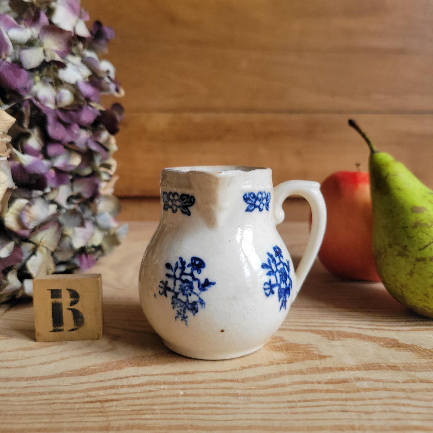 Small Antique St Uze Pitchers / Creamers, Blue Floral Decoration, France c.1900 — Sold Individually