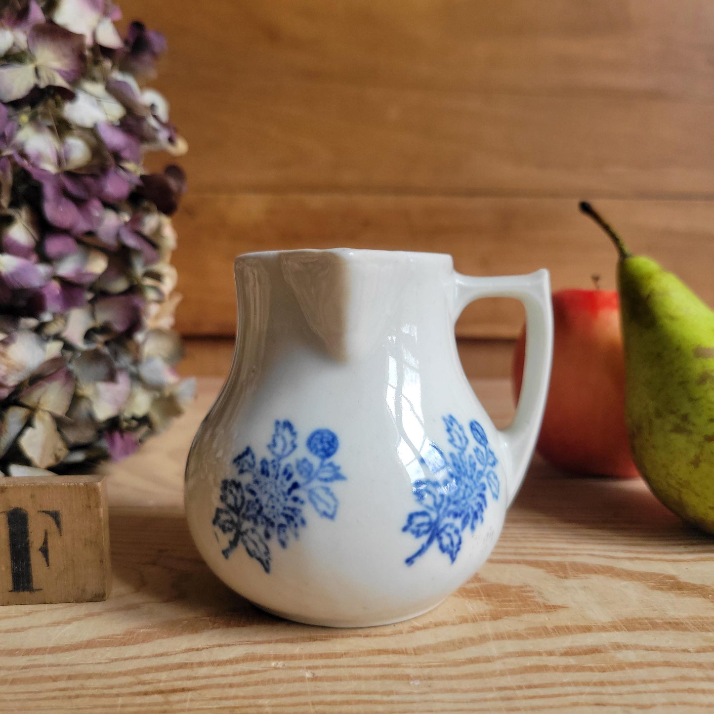 Small Antique St Uze Pitchers / Creamers, Blue Floral Decoration, France c.1900 — Sold Individually