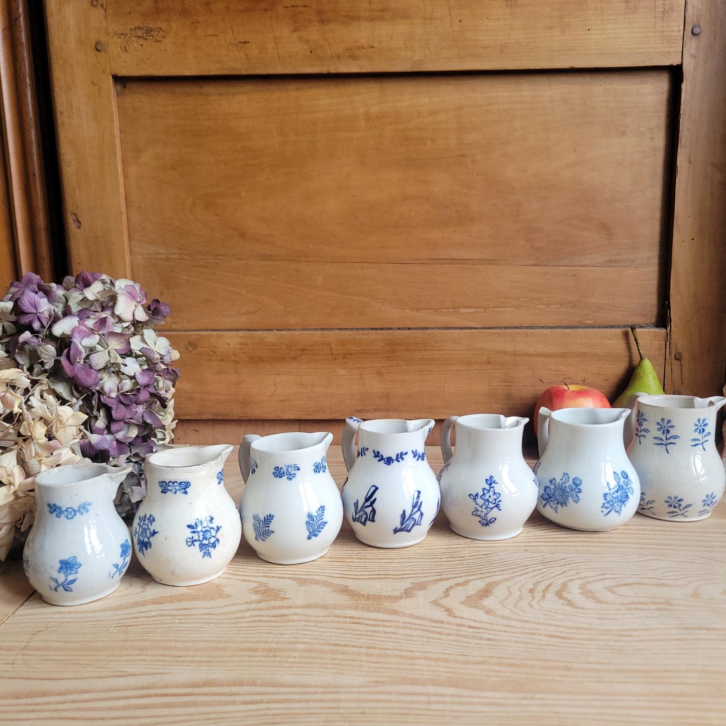 Small Antique St Uze Pitchers / Creamers, Blue Floral Decoration, France c.1900 — Sold Individually