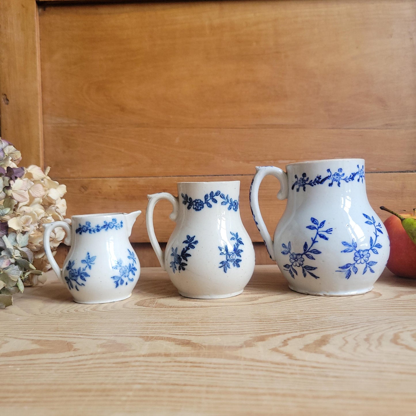 Set of 3 Matching Antique St Uze Pitchers, Blue Floral Decoration, France c.1910