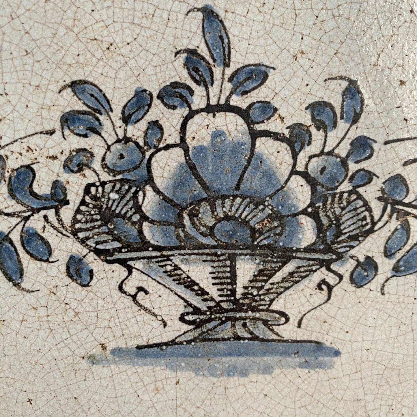Antique Large Oval Cul Noir Platter with Basket of Flowers, Rouen Area, France c.1900