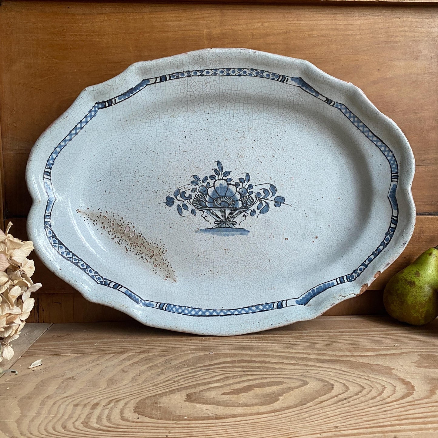 Antique Large Oval Cul Noir Platter with Basket of Flowers, Rouen Area, France c.1900
