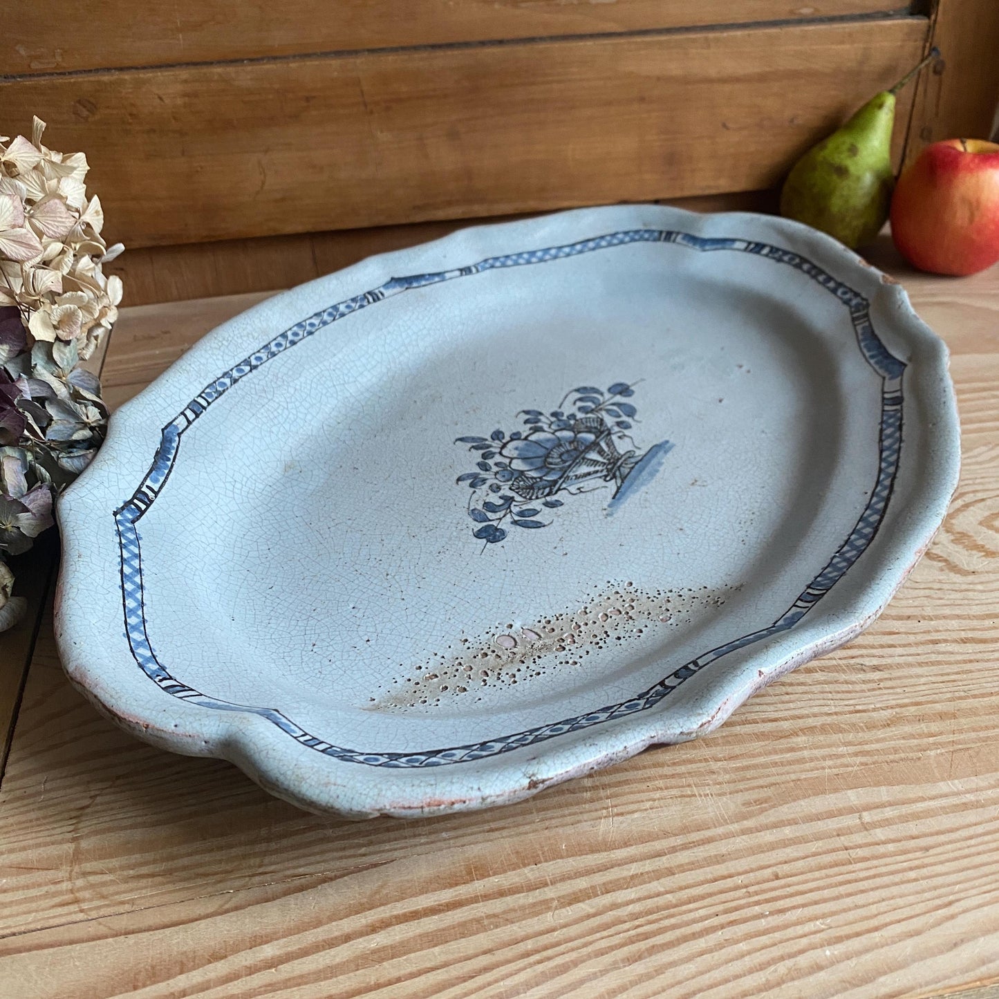 Antique Large Oval Cul Noir Platter with Basket of Flowers, Rouen Area, France c.1900