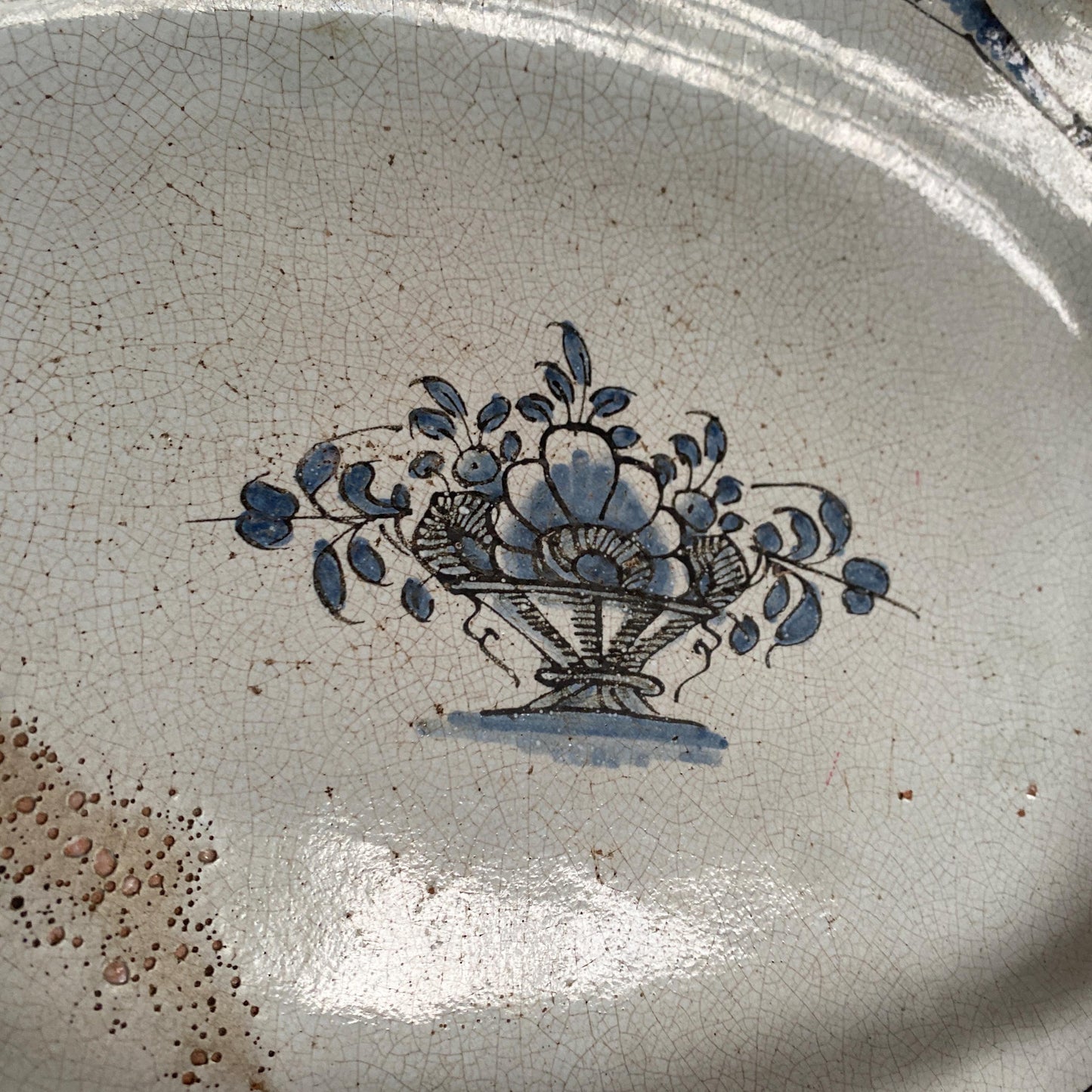 Antique Large Oval Cul Noir Platter with Basket of Flowers, Rouen Area, France c.1900