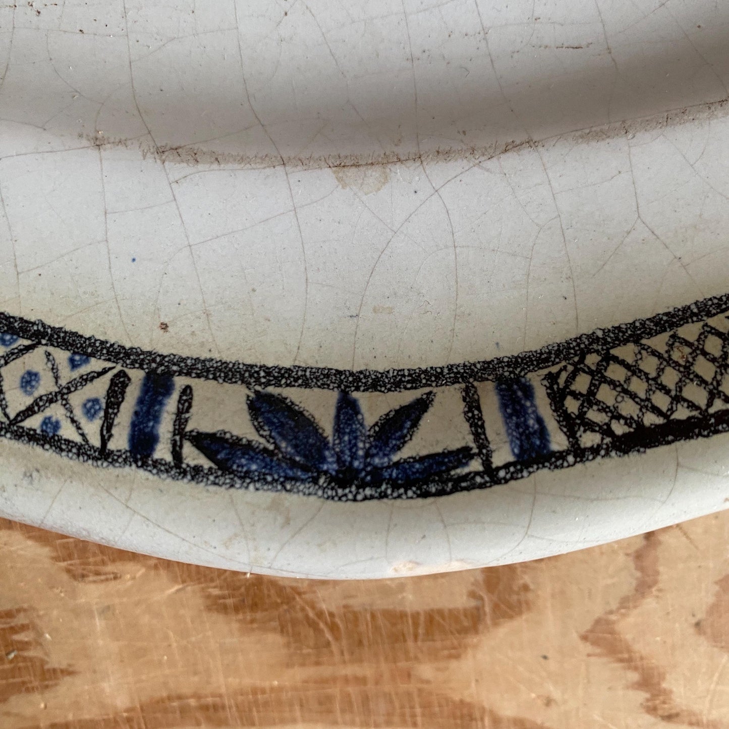 Antique Small Oval Cul Noir Platter with Basket of Flowers, Rouen Area, France c.1890