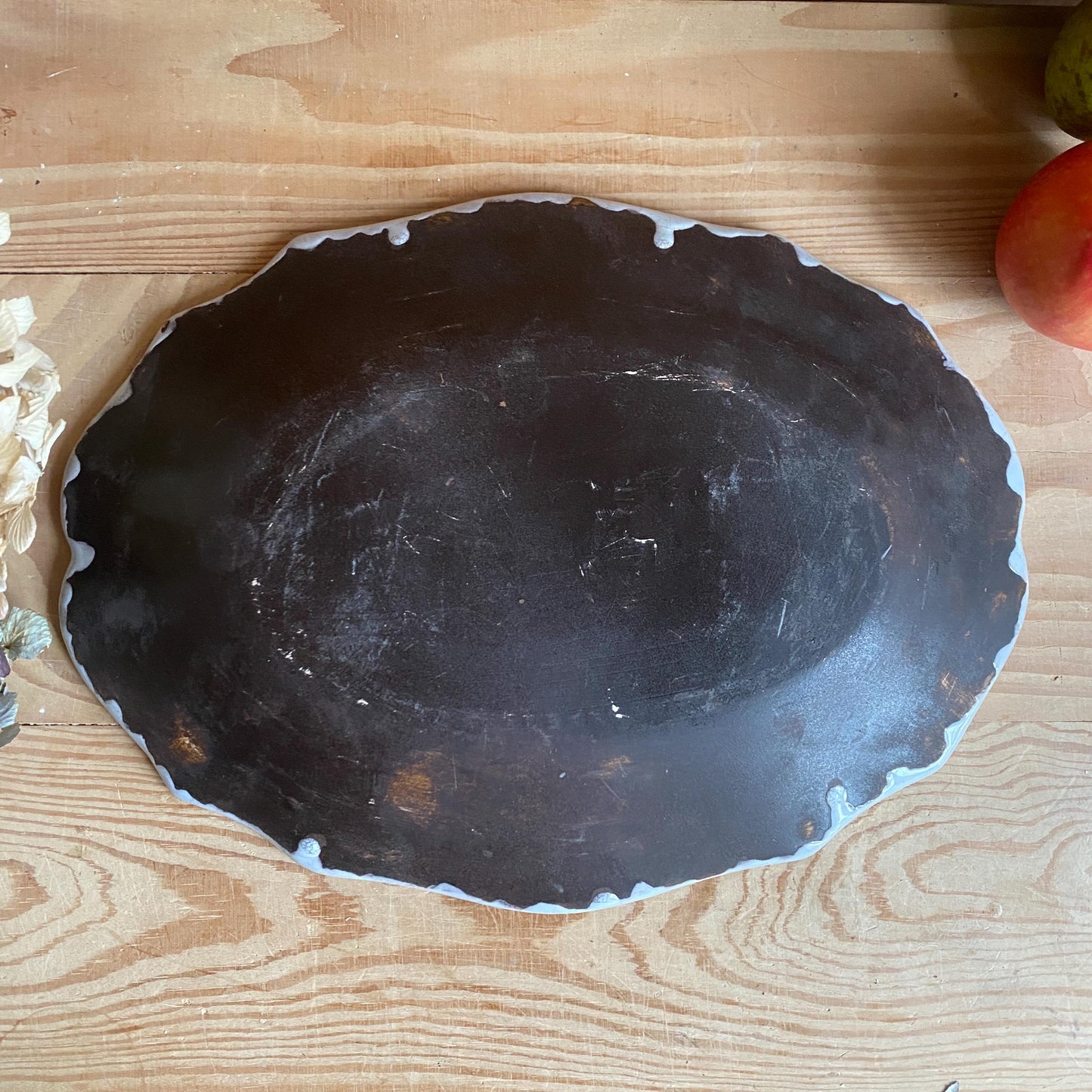 Antique Small Oval Cul Noir Platter with Basket of Flowers, Rouen Area, France c.1890