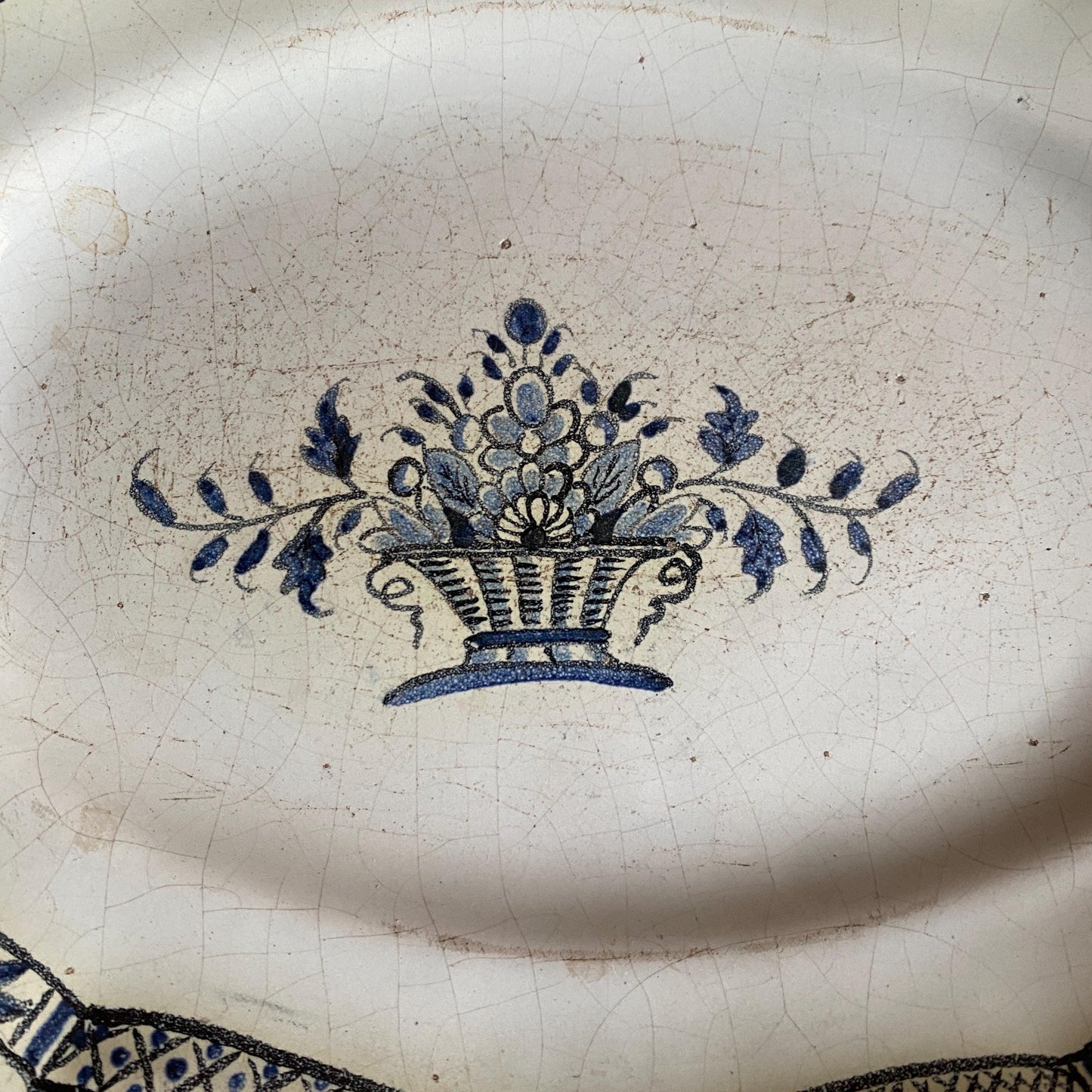 Antique Small Oval Cul Noir Platter with Basket of Flowers, Rouen Area, France c.1890