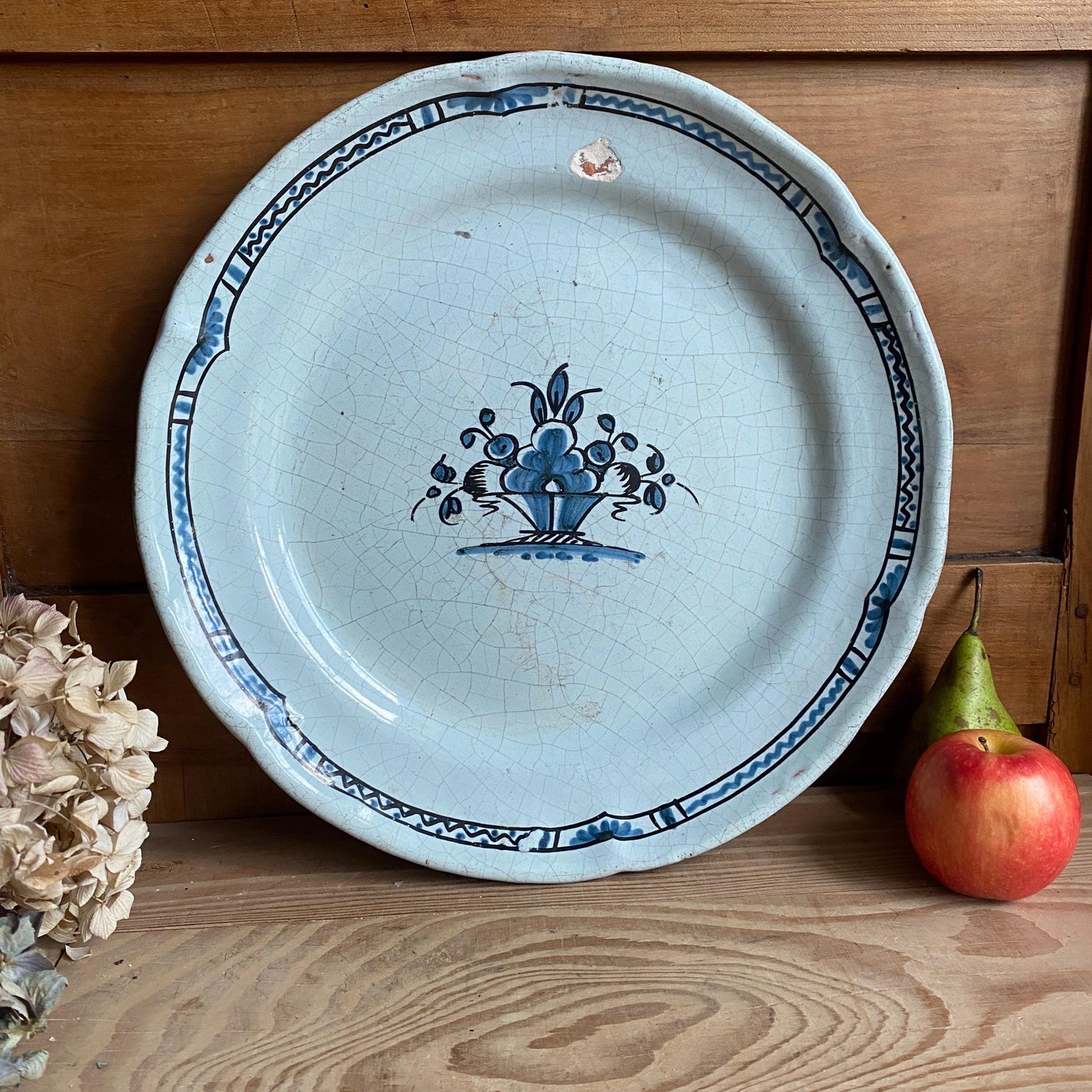 Antique Large Cul Noir Round Platter, Basket Design, Rouen Area, France c.1900