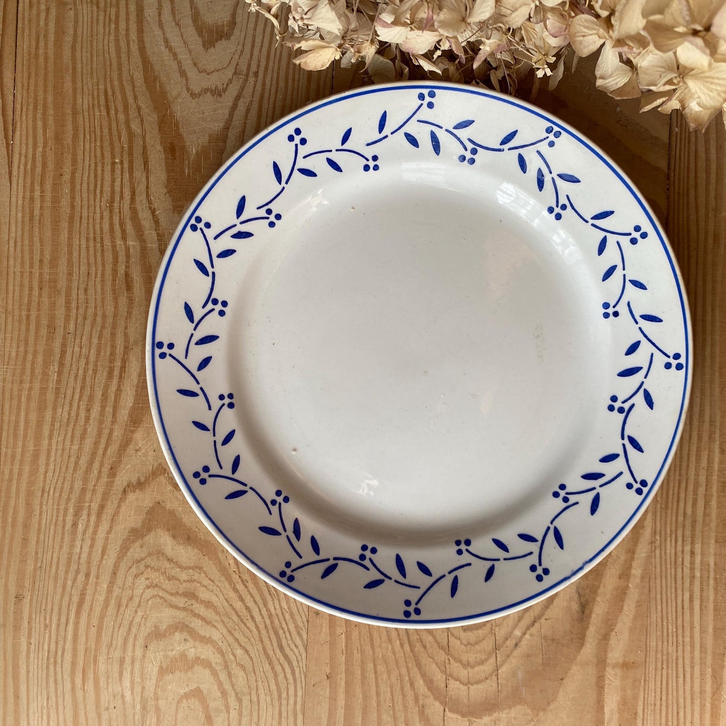 SET 6 mismatched vintage ironstone dinner plates, blue and white transferware floral patterns, France c1880-1925